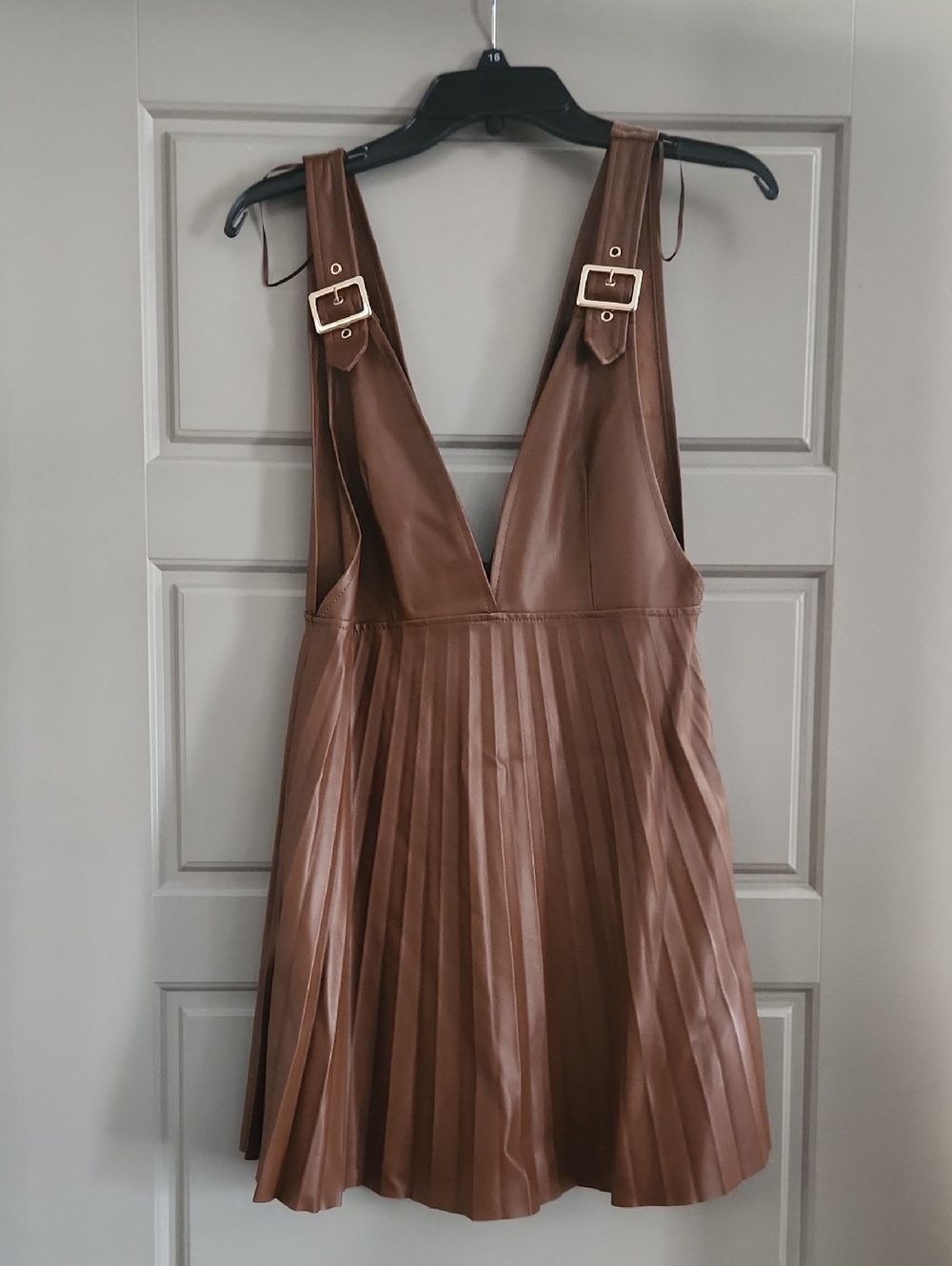 Zara Brown Pleated Vegan Leather Pinafore Mini Dress
